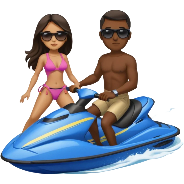 Dark male dark hair & light tan female long dark hair on a blue jet ski no sunglasses emoji