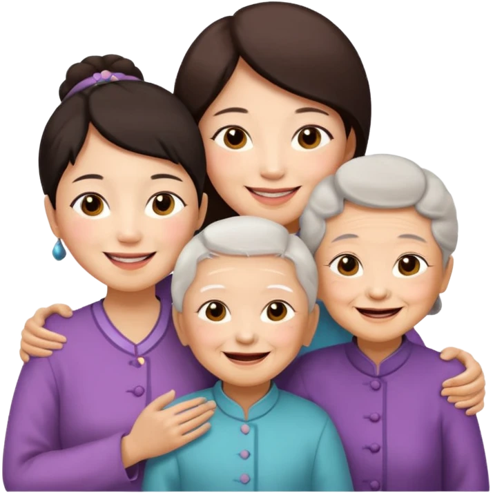 two chinese kids with their mother and grand mother smiling emoji