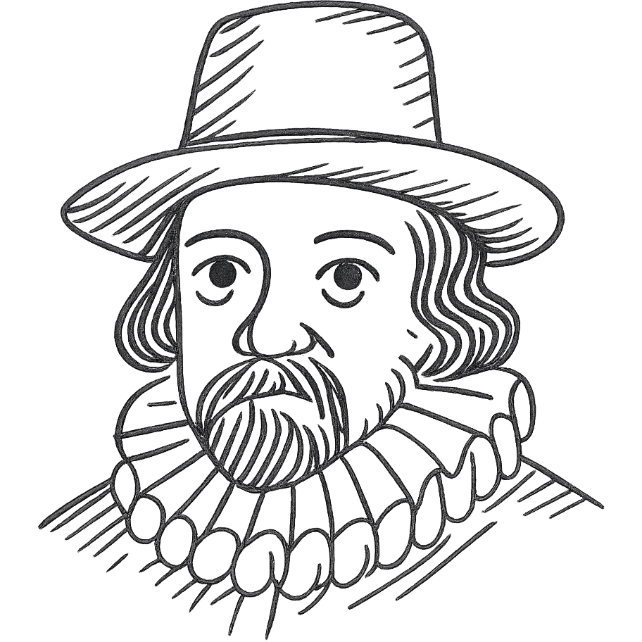a hand drawn black outline portrait of philosopher Francis Bacon with similar-sized eyes based a famous portrait of him emoji