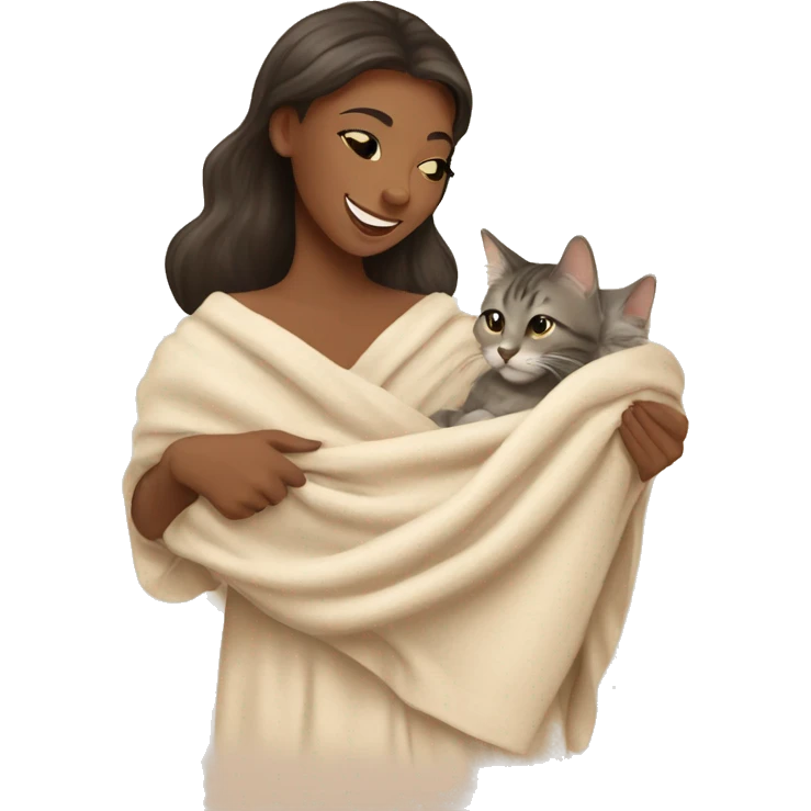 pretty woman petting cat in beige blanket emoji