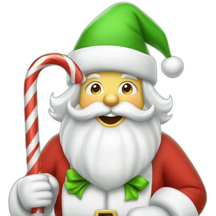 cheerful Santa Claus with a green hat and with candy cane, and presents  emoji