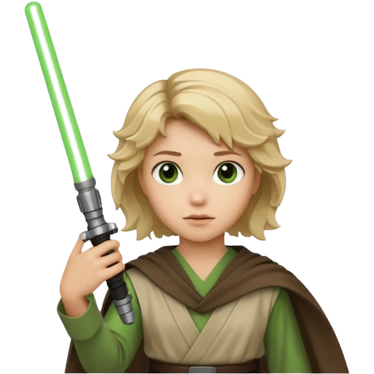 Young jedi with sandy blonde wavy short hair holding a green light saber. With brown eyes emoji