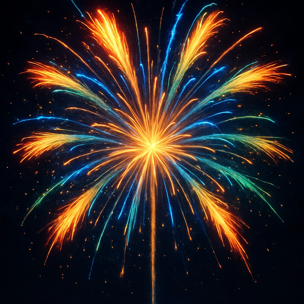 Create a version of this firework even bigger and more expanded, with more color (add blue and green), more sparks, and a sense of motion, keeping the same style. emoji