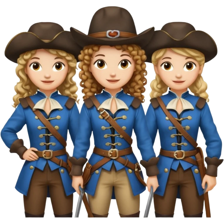 Three female musketeers ome with brown curly hair, one with blond one with blond in pony tail emoji