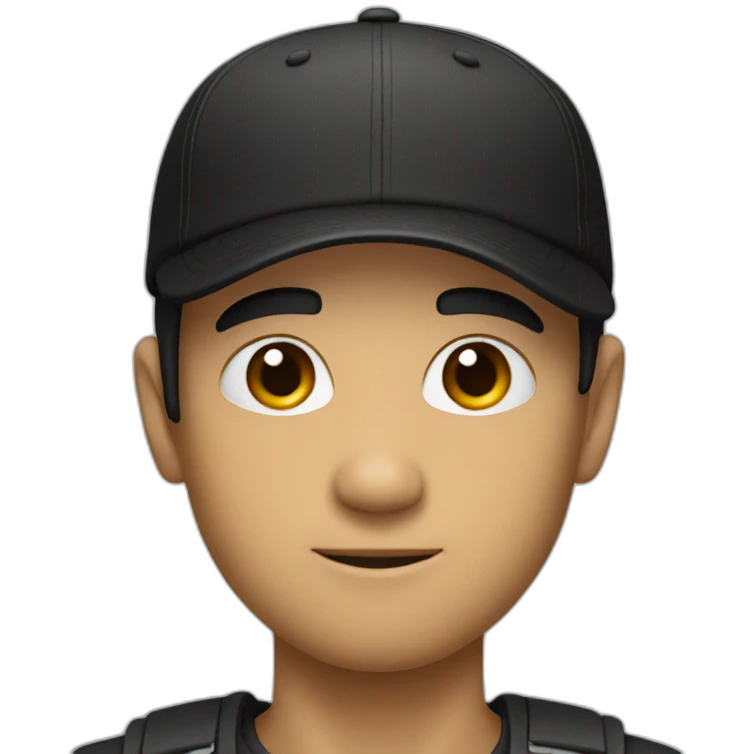 A round-headed man with thin black hair and a black cap with the initials "NE" on it emoji