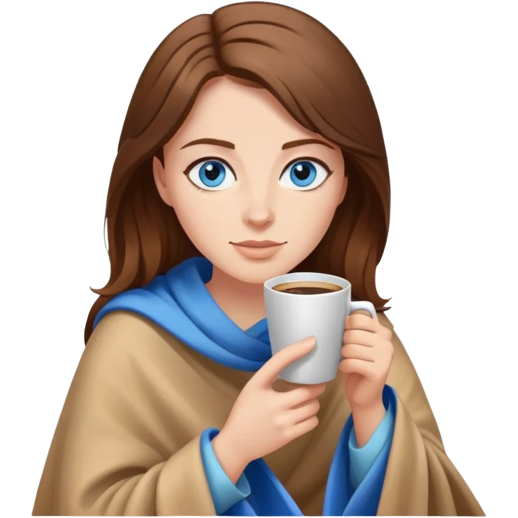 Brown hair with blue eyes lady wearing light brown blanket drinking coffee  emoji