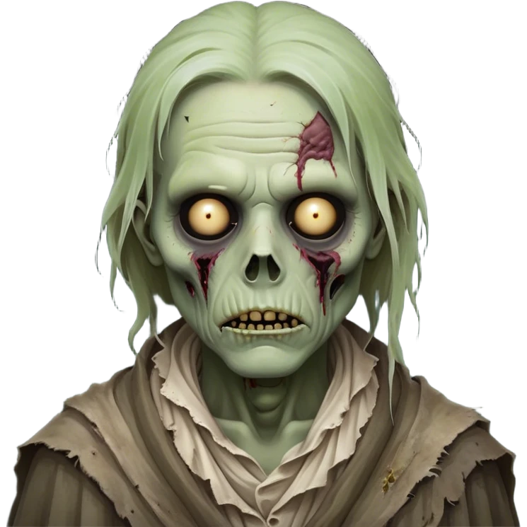 Cinematic Noble Zombie Portrait Emoji, Surprisingly dignified and somber, with a decaying yet strangely regal visage in ashen grays and muted tones, draped in tattered attire hinting at a lost grandeur, simplified yet meticulously detailed, glowing with a soft, eerie radiance and a gentle outline that evokes the tragic nobility of the undead! emoji