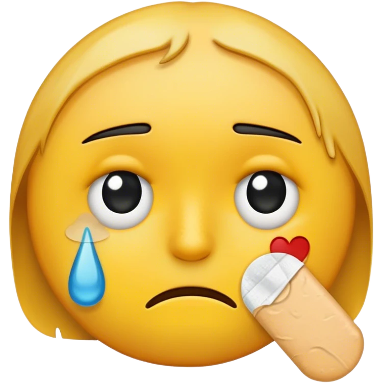Beat up emoji with one black eye, bandaid on left cheek emoji
