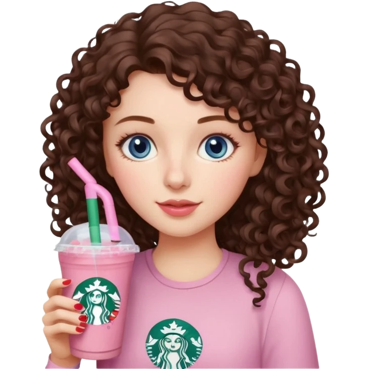 make an emoji of a loose curly brunette, blue-eye girl, wearing light pink drinking a strawberry acai refresher from starbucks emoji
