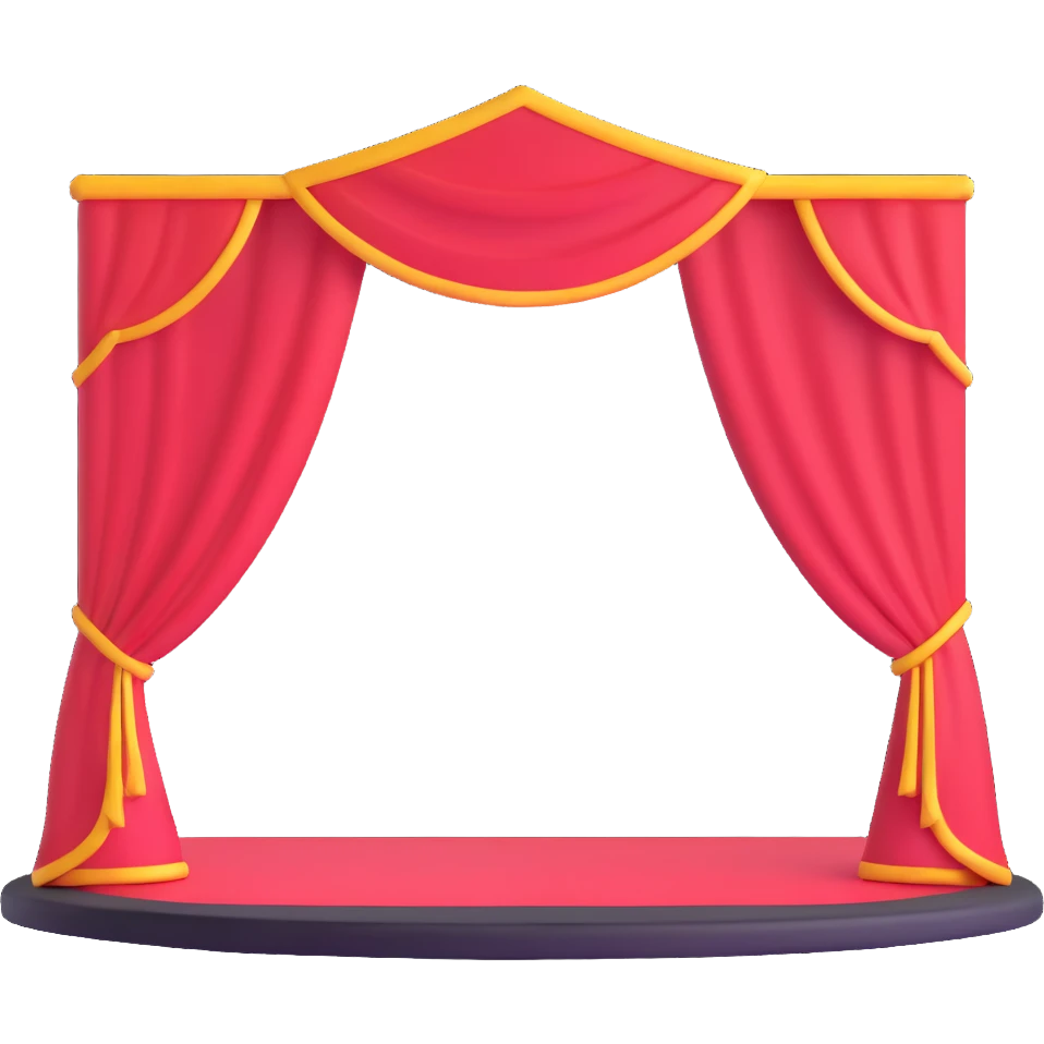 elegant theater stage with red velvet curtains open, wooden floor, and central spotlight emoji