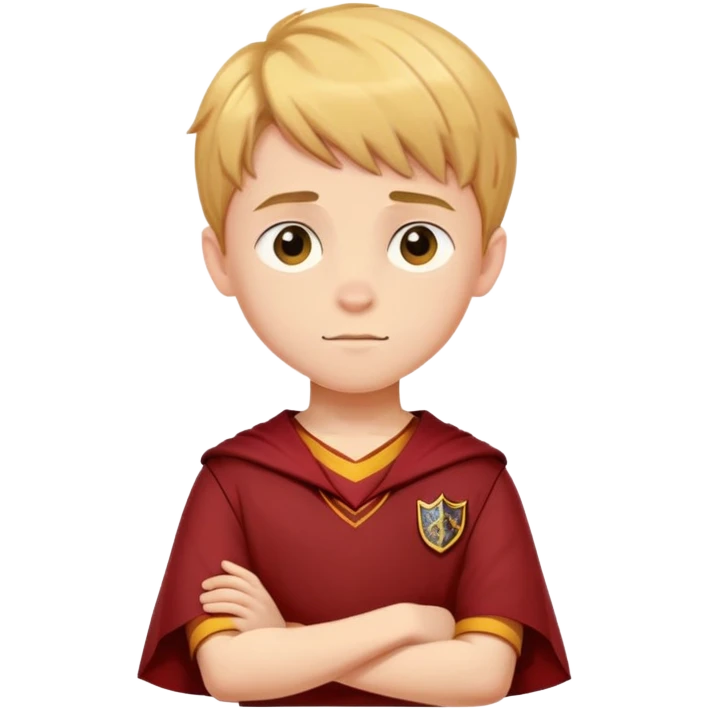 A young boy slightly to the side looking forward with crossed arms wearing the Gryffindor uniform emoji