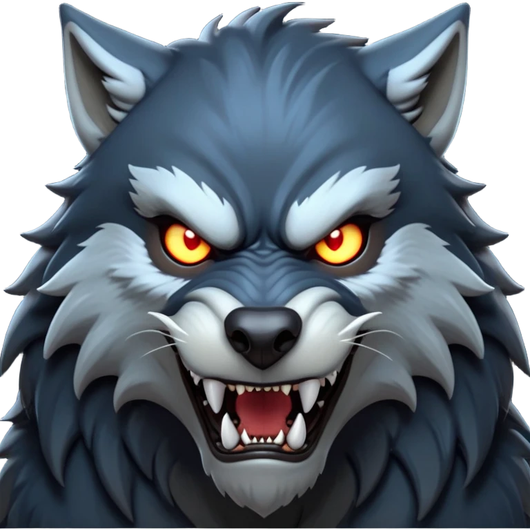 cinematic-noble-fierce-werewolf-head-close-up-emoji, poised-and-imposing, with a fierce wolfish face featuring glowing eyes full of primal ferocity, sharp, elongated fangs and a rugged snout, fur rippling in shades of midnight black and silver, muscles tensed and hunched over in an intense, threatening stance; rendered with realism, capturing the raw, untamed power of the beast beneath the moonlit sky emoji