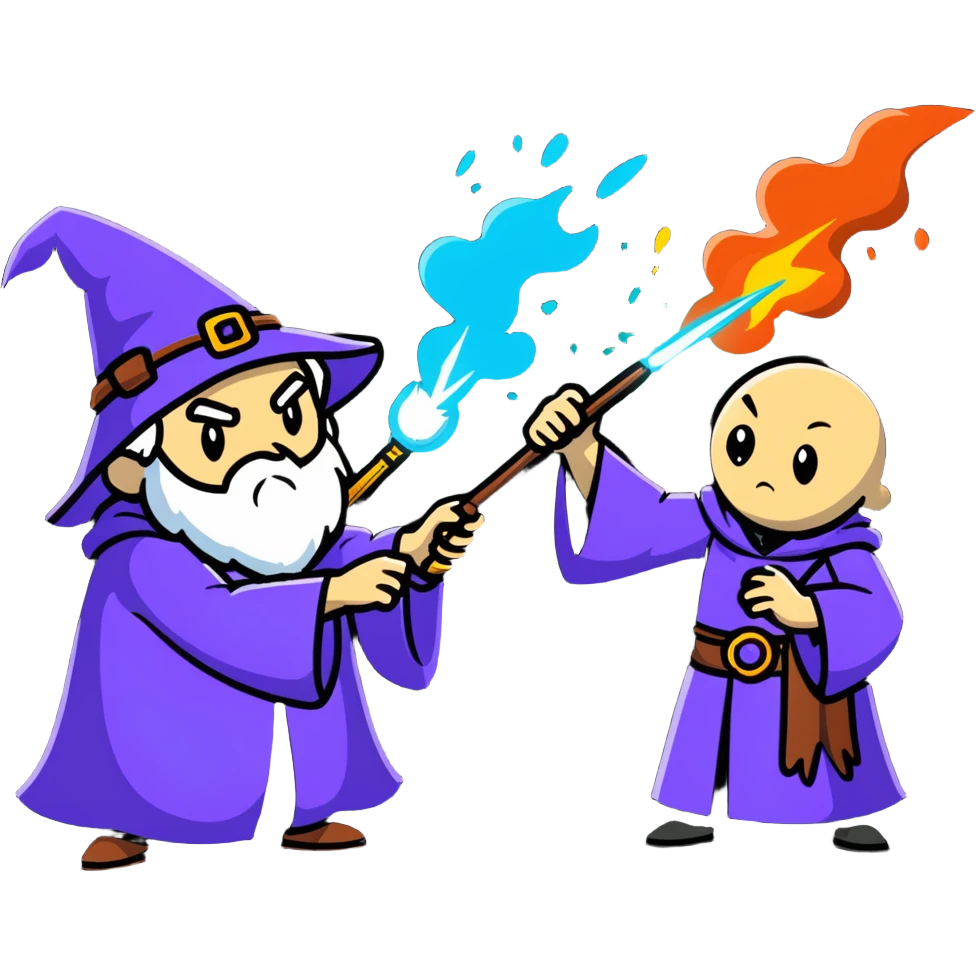 wizard and brain dueling with colorful spell blasts emoji