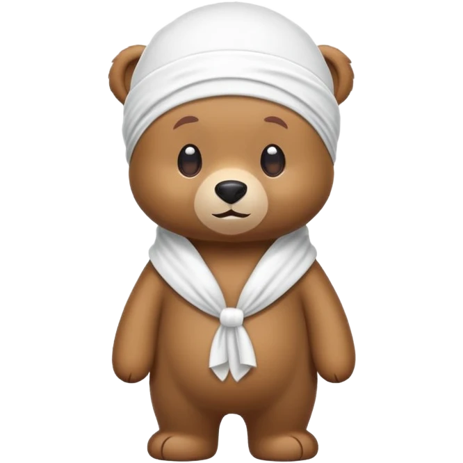Full-body standing brown bear wearing a white durag on its head, cute emoji style emoji