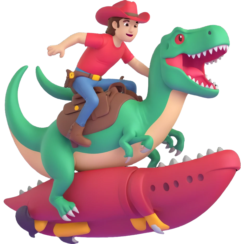 fun and playful cowboy sliding on a green t-rex emoji