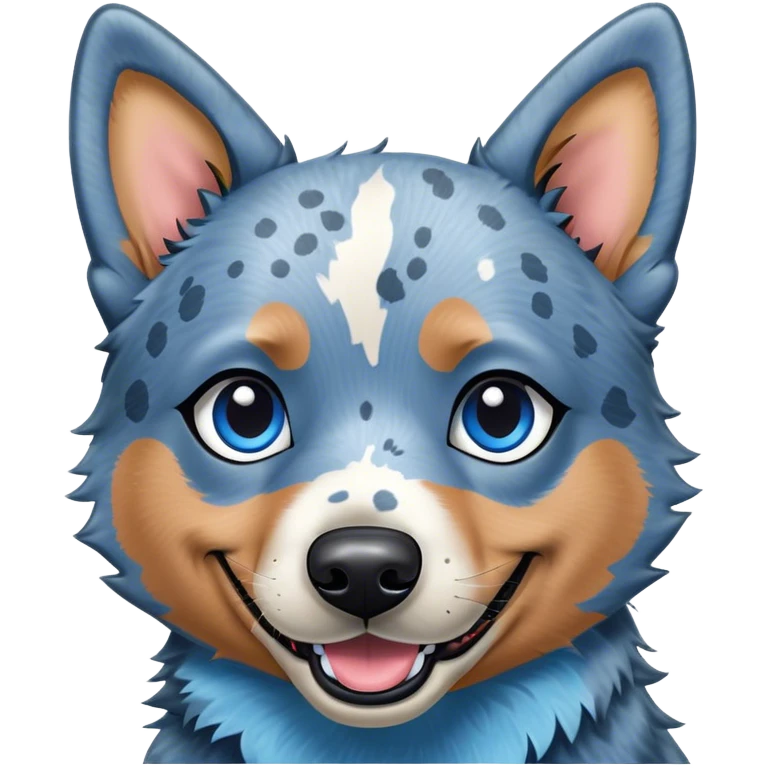 Cinematic Comical Blue Speckle Australian Cattle Dog Portrait Emoji, Head tilted dramatically with an exaggeratedly amused expression, featuring a striking blue speckle Fur with bold patterns, wide, expressive blue eyes filled with playful disbelief, Simplified yet hilariously expressive features, highly detailed, glowing with a slightly sassy glow, high shine, dramatic yet playful, stylized with an air of cheeky charm, bright and endearing, soft glowing outline, capturing the essence of a spirited and over-the-top herder, so meme-worthy it feels like it could side-eye its way into internet fame instantly! emoji