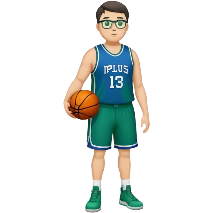 Full Body plus size tall white male with dark short hair basketball player wearing glasses wearing blue  with green uniform emoji