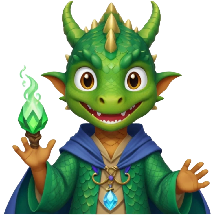 A dragon wearing wizard robes, casting a spell with a curious grin, portrait, bust up emoji