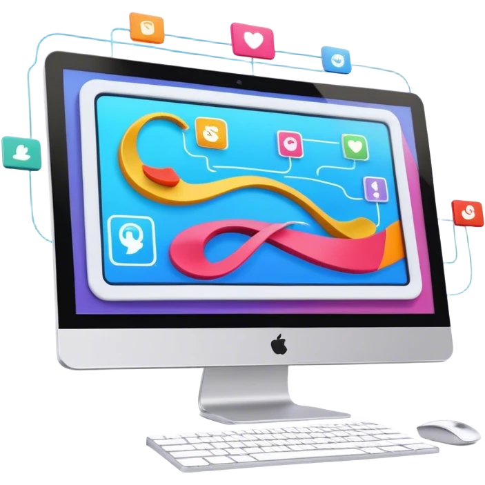 Animation and motion design. A computer screen with an animation timeline, moving frames. Display a cartoon or animated scene on the screen. Include motion design elements like flowing lines, curves, or rotating objects. Modern, creative colors. No emojis or smiley faces. Transparent background. emoji
