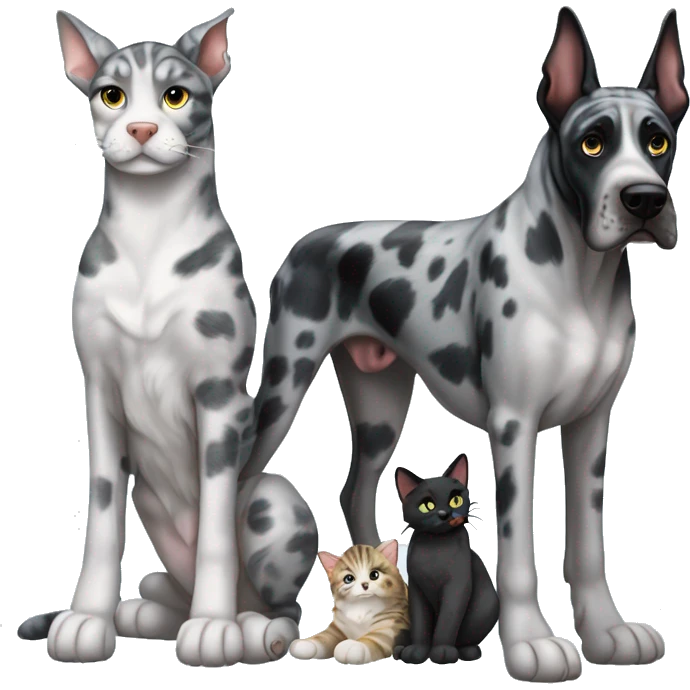 Blue Merle Great Dane with two tabby cats and one black cat emoji