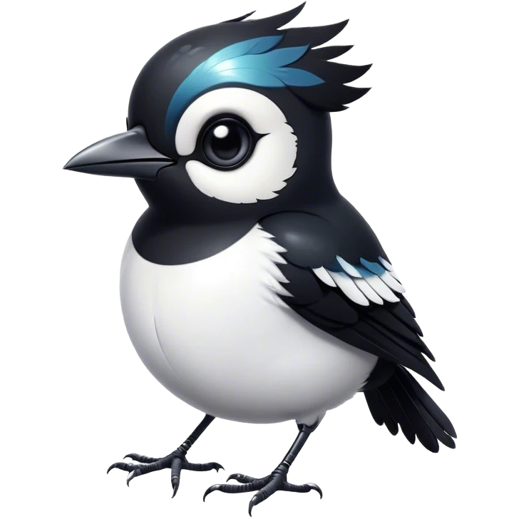 Cinematic Cute Magpie Portrait Emoji, Head tilted playfully and inquisitively, featuring a compact, elegant form with glossy, contrasting black and white feathers and round, sparkling eyes full of playful charm, Simplified yet irresistibly adorable features, highly detailed, glowing with a warm, inviting glow, high shine, affectionate and lively, stylized with a touch of whimsical urban flair, soft glowing outline, capturing the essence of a mischievous yet endearing magpie that seems as if it could flit out of the screen into your arms! emoji