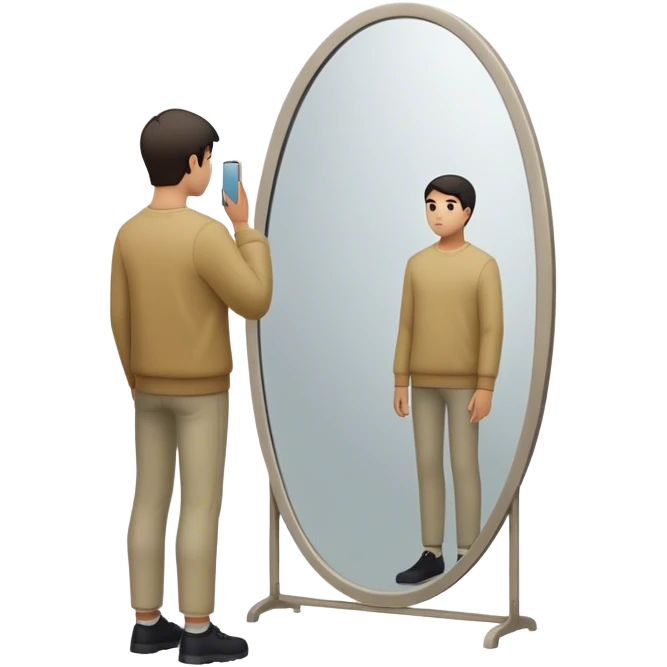 A person looks into a mirror, but instead of their own face, they see a larger figure watching them—distant, imposing, and unreadable. As they step back, the reflection fades, revealing only themselves. They turn away, realizing the power was never in the reflection but in walking away. emoji