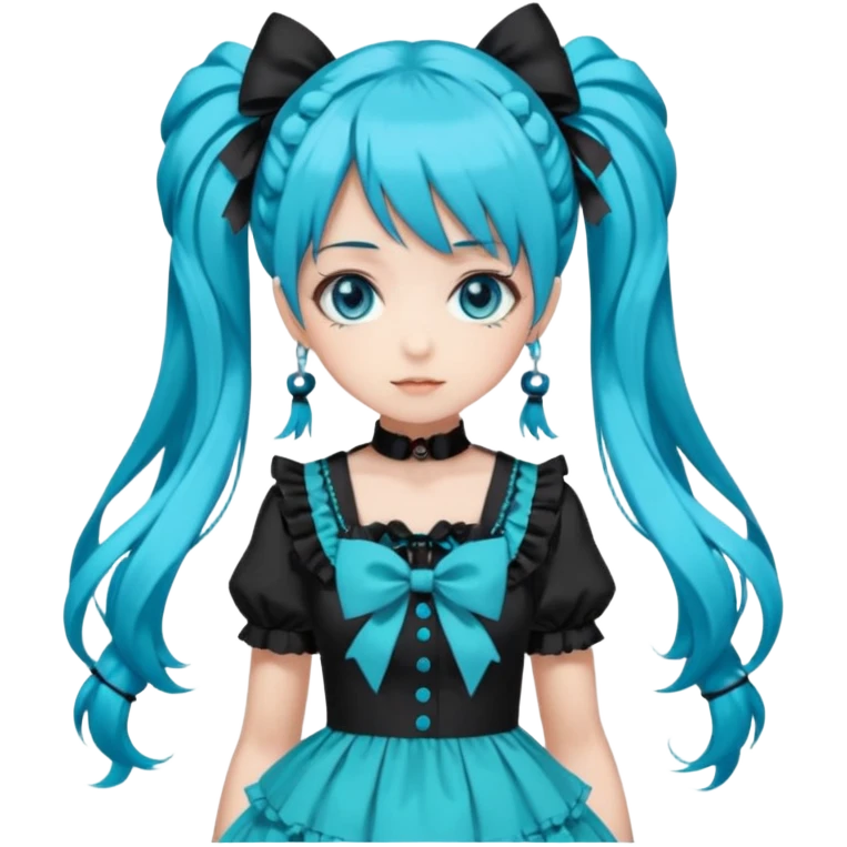 anime-style female character with bright turquoise hair styled in twin tails and matching blue eyes. Her outfit is a frilly turquoise and black dress in a Lolita-esque style, heavily contrasted with black ribbons and trim. A key detail is the prominent "AWP" logo printed in black on the chest, emoji