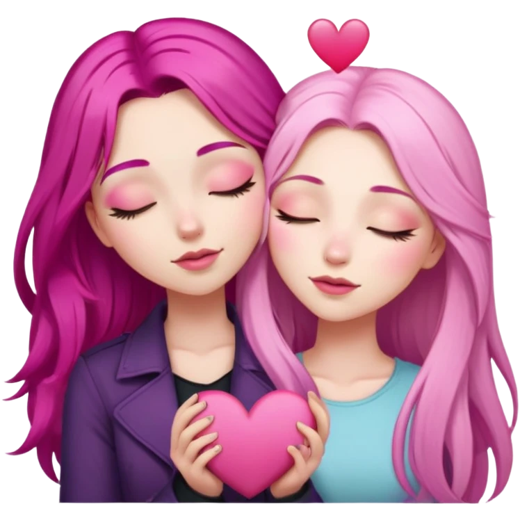 gorgeous pale girl with long magenta pink hair latina makeup next to a gorgeous girl with blonde hair eyes closed and a light pink heart above them emoji