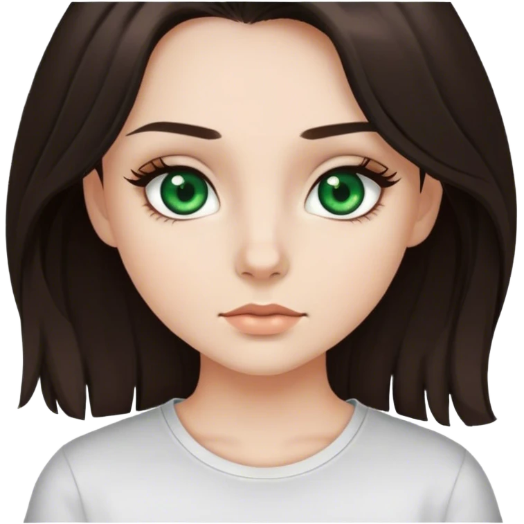white girl with dark green eyes, lashes and dark brown hair in shirt  emoji