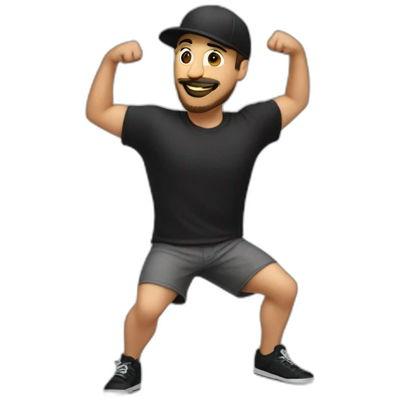 white man with black goatee, cap and short shorts dancing emoji