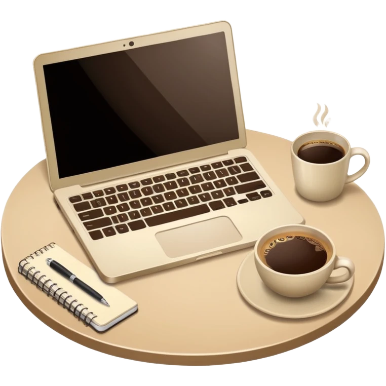 Laptop on the beige table, coffee and notebook emoji