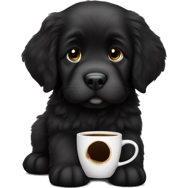 Black Newfoundland puppy w coffee cup  emoji