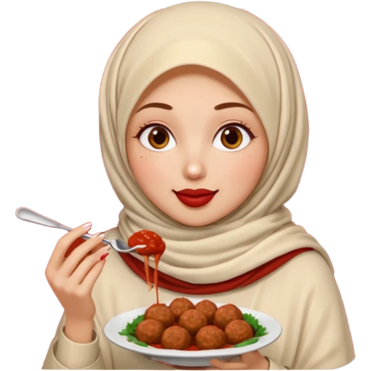 woman wearing a cream colored pashmina hijab eating meatballs emoji
