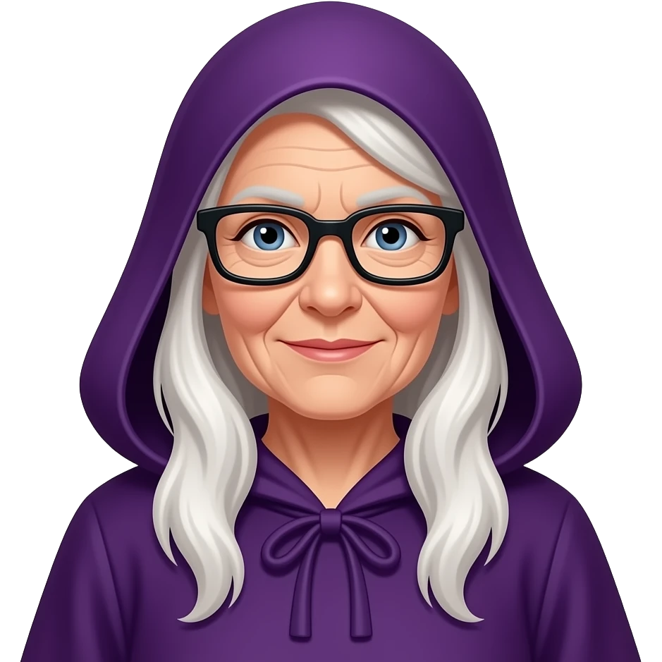 elderly female wizard with long white hair, black rectangle spectacles, and a hooded purple robe emoji