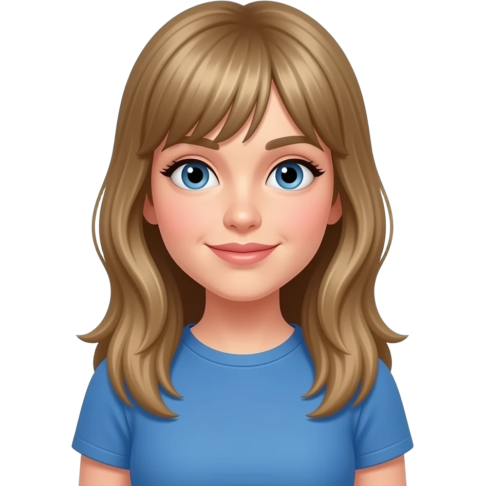 30 year old woman with bangs, long darker blonde hair, and  blue t-shirt emoji