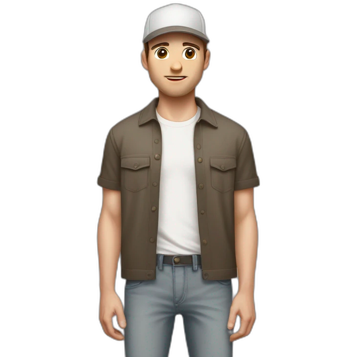 Pale skinned fit Man with dark brown hair in a light gray cap, dark brown jeans, brown polo and white T-shirt keeping a pasted with tape white box into his hands emoji