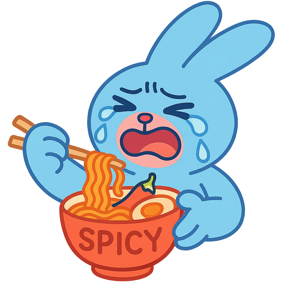 blue bunny crying while eating spicy ramen, pastel-toon style emoji