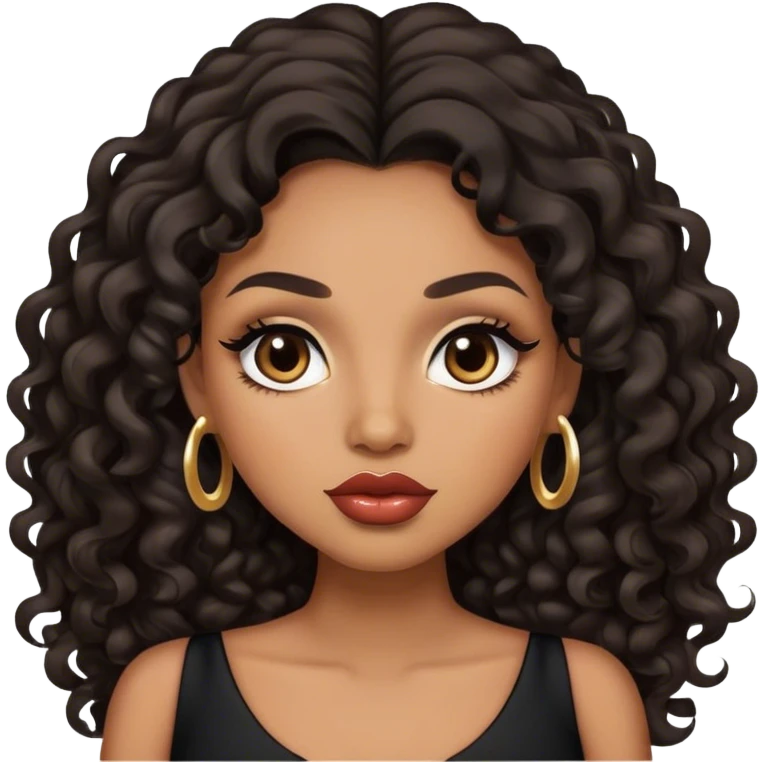 light brown skin tone, very beautiful woman, with big plump lips, long long lashes, black curly long hair, brown eyes, black dress emoji