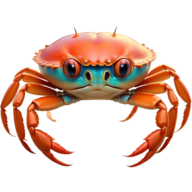 Cinematic Noble Baby Crab Portrait Emoji, Poised and curious, with a small, delicate carapace in vibrant hues, tiny, alert eyes on short stalks, and miniature, intricately detailed pincers, Simplified yet sharp and sophisticated features, highly detailed, glowing with a soft, coastal radiance, high shine, intelligent and determined, stylized with an air of seaside authority, focused and attentive, soft glowing outline, capturing the essence of a watchful and confident juvenile crustacean that appears ready to scuttle out of the screen with effortless charm! emoji