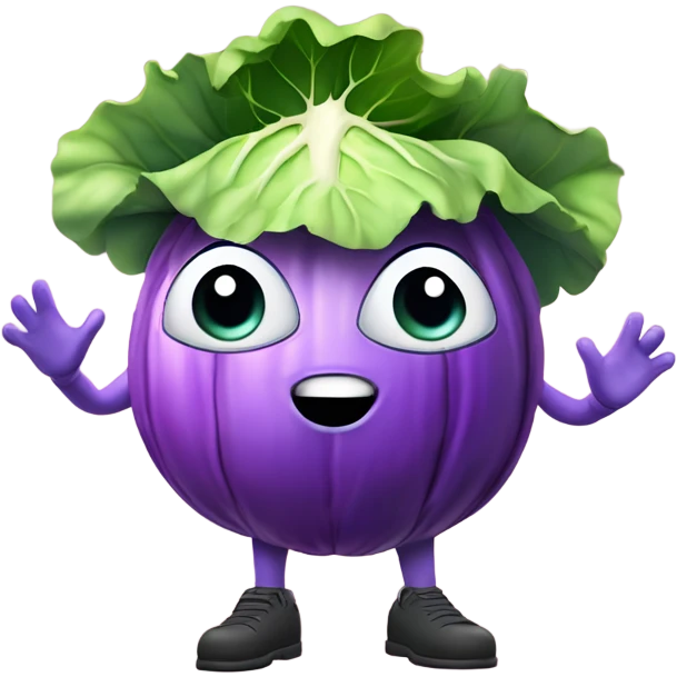 3D character of colored cabbage with big eyes 👀 and stares surprised holding hands from leaves a small mirror 🪞 The character is floating in the air, legs are not visible. emoji