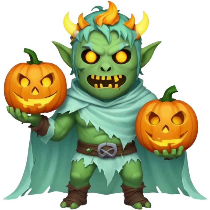 male orc warrior ghost emoji, green skin, tusks, wearing torn white ghost sheet costume, holding glowing jack-o'-lantern, faint blue aura, friendly but spooky expression, Halloween fantasy theme, Apple emoji style, clean white background, square emoji