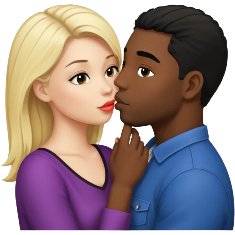 Mulher loira, pele branca, beijando um homem negro, com cabelo preto emoji