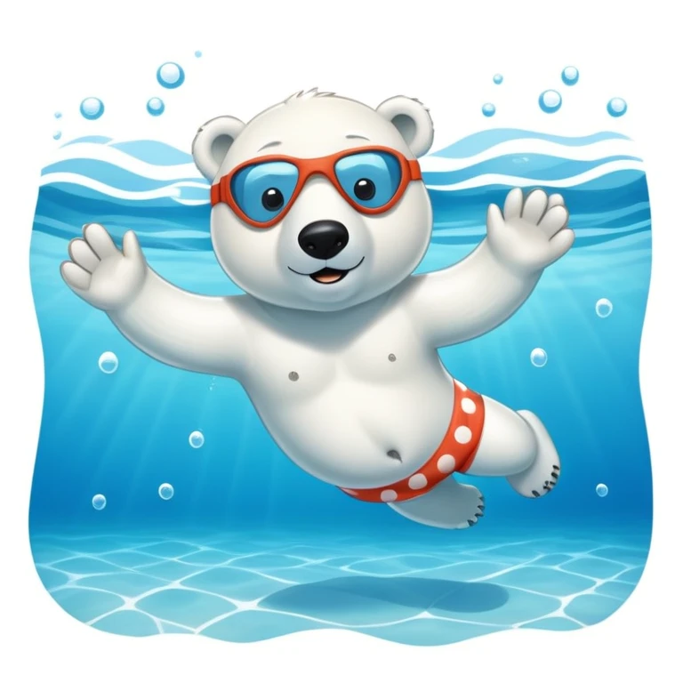 friendly anthropomorphised polar bear swimming in a wide pool scene, wearing polka dot swim trunks and snorkel gear emoji