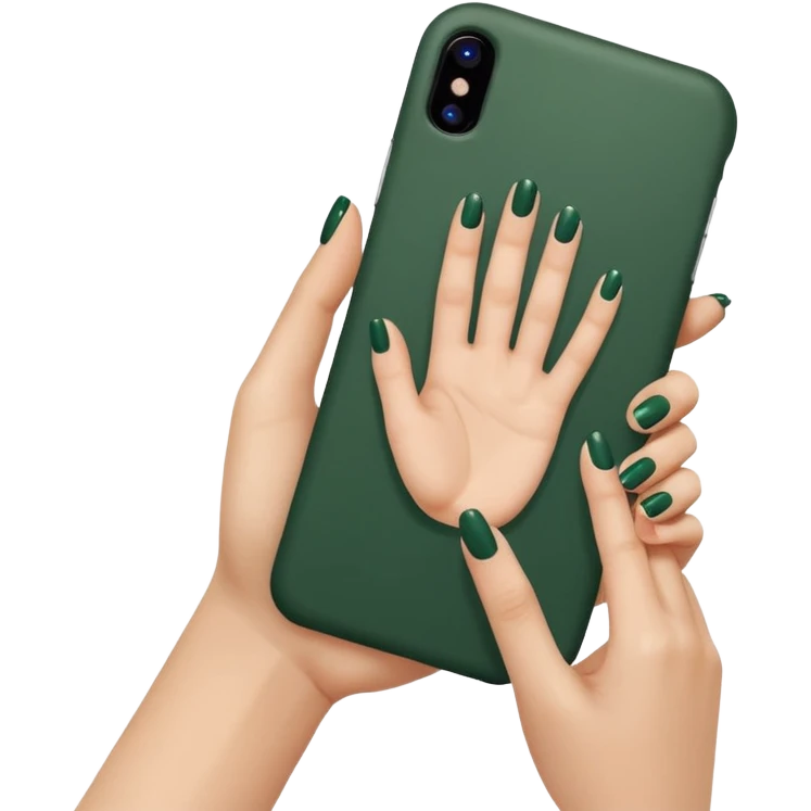 female hand with nude manicure (5 fingers) holding iPhone in dark green case, front view, minimalism, emoji style emoji