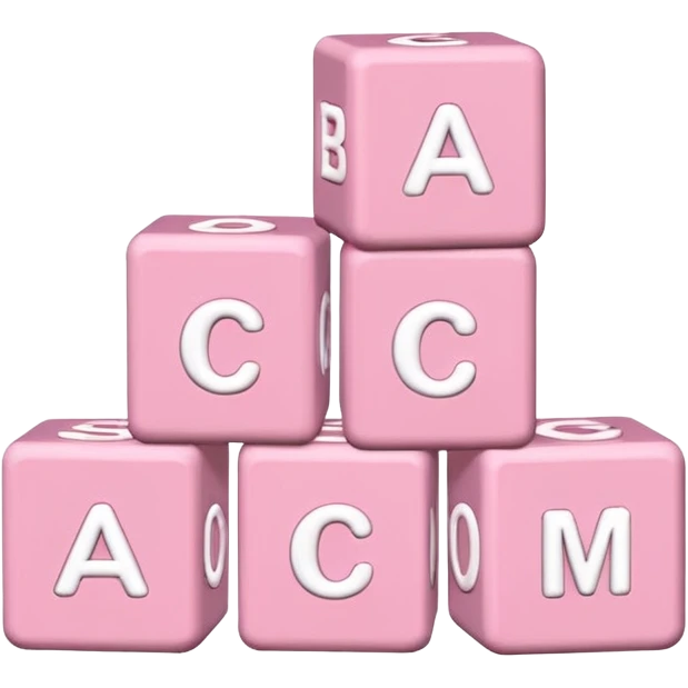 three Light pink and white toy alphabet blocks stacked with different letters emoji