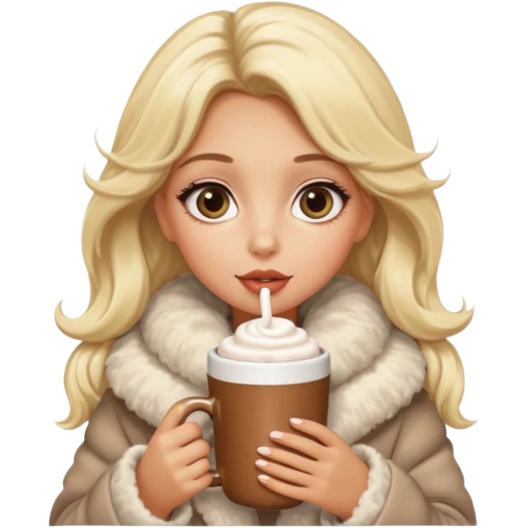Tanned Girl with lashes , blonde hair, in an extremely big fluffy oversized coat and hold hot chocolate drink and big eyes like dog, big lip emoji