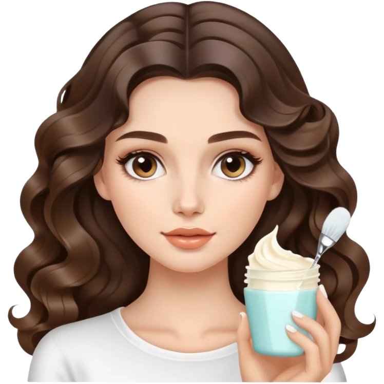 beautiful brunette with a light balayage white girl with nice curls/defined waves, very long hair, clean girl makeup APPLYING A FACE CREAM FOR SKINCARE emoji