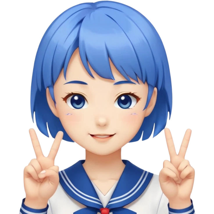 Energetic anime girl with short blue hair wearing Japanese sailor style school uniform, winking and making double peace signs, very cheerful and bubbly, kawaii style emoji