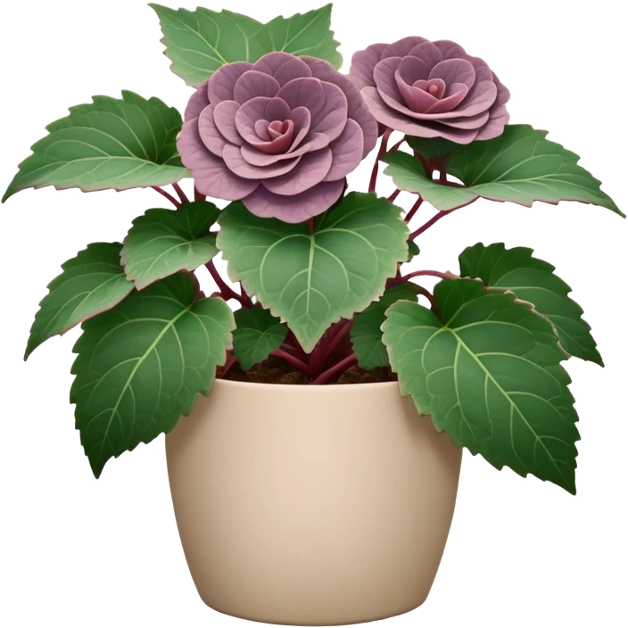 Begonia Rex with greenish-purple spiral leaves in a beige pot emoji