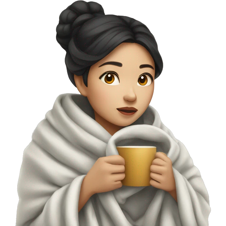 Asian girl wrapped in cozy blanket drinking coffee emoji